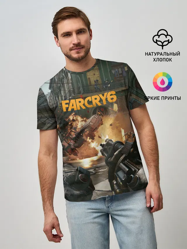 Мужская базовая футболка с принтом «Explosion — Far Cry 6 gameplay art»