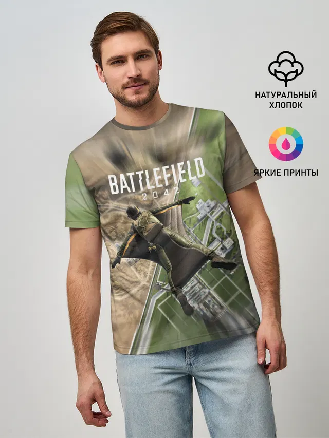 Мужская базовая футболка с принтом «Высадка Battlefield 2042»