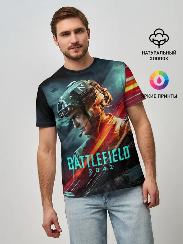 Мужская базовая футболка с принтом «Battlefield 2042 game art»