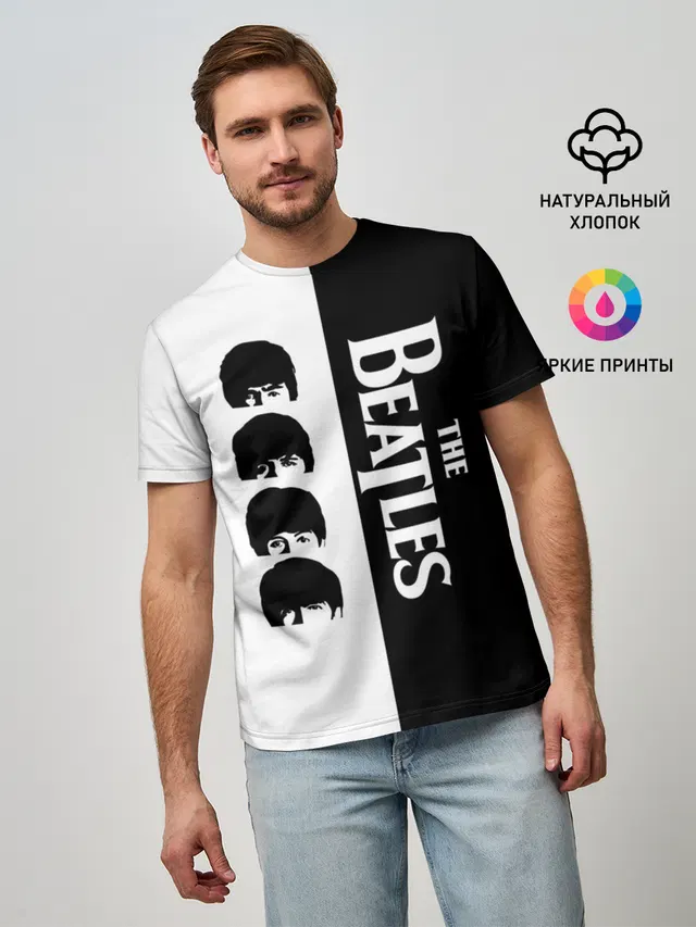 Мужская базовая футболка с принтом «The Beatles — The Beatles черно - белый партер»