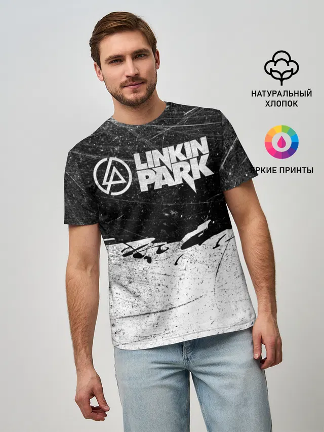 Мужская базовая футболка с принтом «Rock music — Линкин Парк Лого Рок ЧБ — Linkin Park Rock»