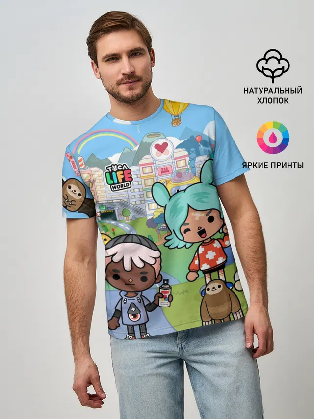 Мужская базовая футболка с принтом «Toca Boca — Мир»