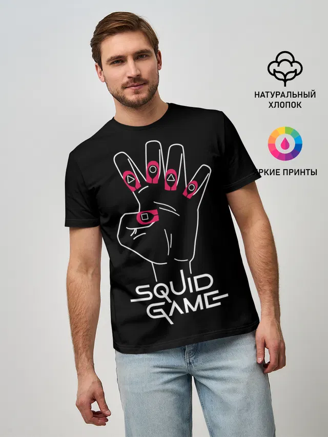 Мужская базовая футболка с принтом «Игра в кальмара — Hand of player 001»