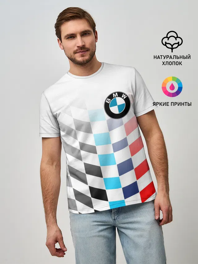Мужская базовая футболка с принтом «BMW — BMW GROUP — M PERFORMANCE BMW SPORT»