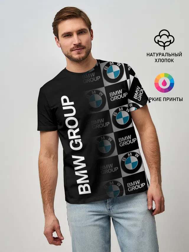 Мужская базовая футболка с принтом «BMW — BMW GROUP — BMW SPORT»