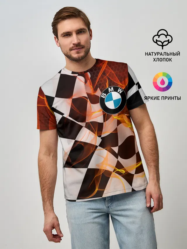 Мужская базовая футболка с принтом «BMW — BMW RACING — FIRE RACING»