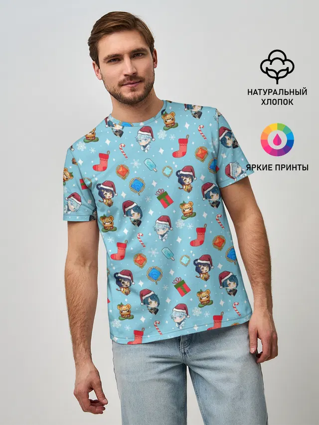 Мужская базовая футболка с принтом «Геншин Импакт — GI Christmas Pattern»