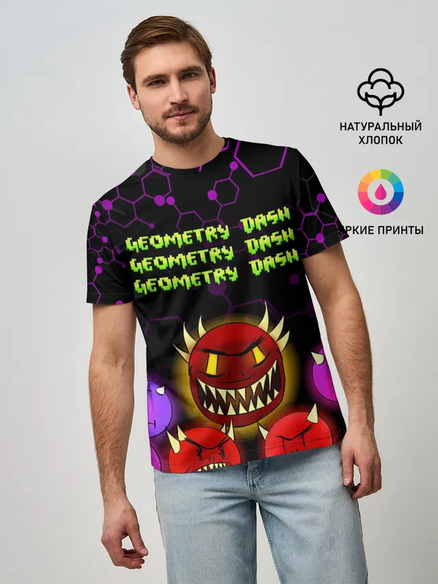 Мужская базовая футболка с принтом «Geometry Dash — GEOMETRY DASH DEMONS — ДЕМОНЫ»