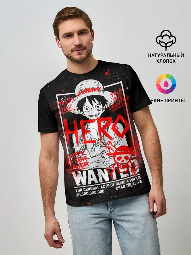 Мужская базовая футболка с принтом «Ван Пис — One Piece: Разыскивается Манки Д Лаффи»