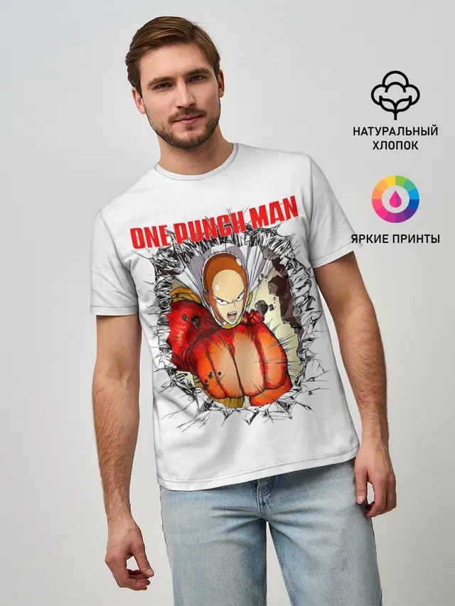 Мужская базовая футболка с принтом «Punch — Удар сквозь стену One Punch-Man»
