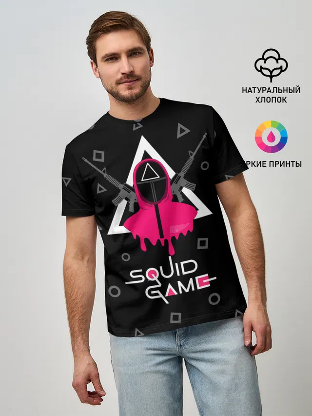 Мужская базовая футболка с принтом «Игра в кальмара — Squid game: guard with M-16»