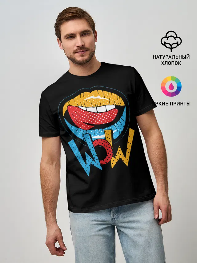 Мужская базовая футболка с принтом «Pop Art — Wow»