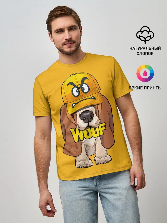 Мужская базовая футболка с принтом «Бассет-хаунд — Woof»