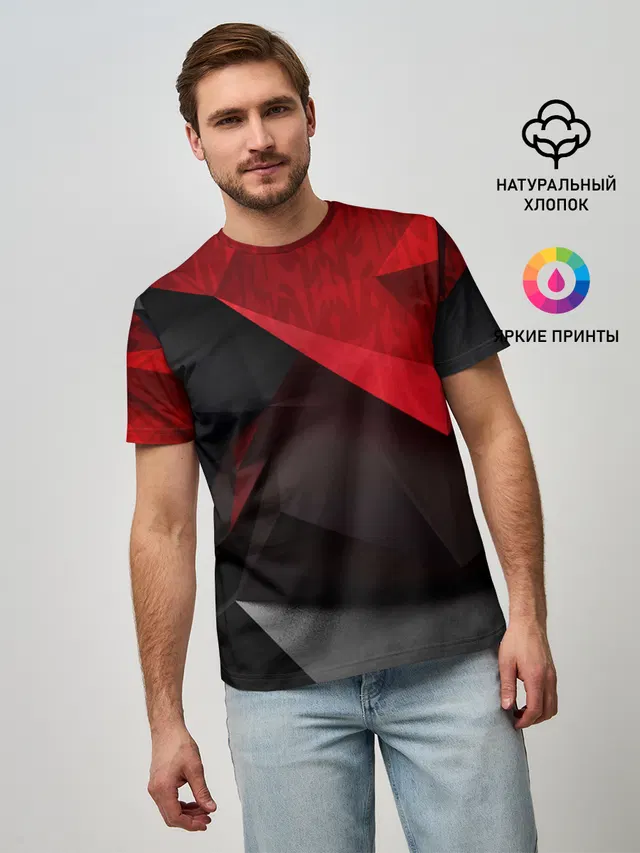 Мужская базовая футболка с принтом «Red & — Red & Black»