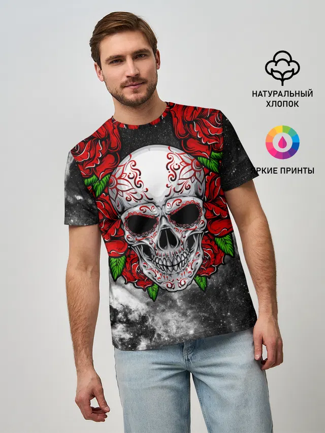 Мужская базовая футболка с принтом «Skull and Roses»