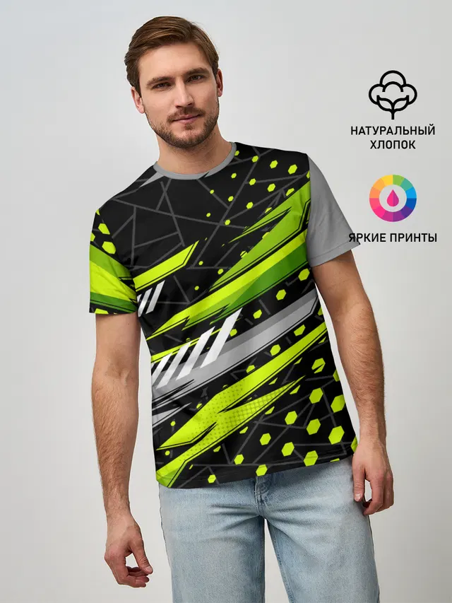 Мужская базовая футболка с принтом «Black and — Black and Green»