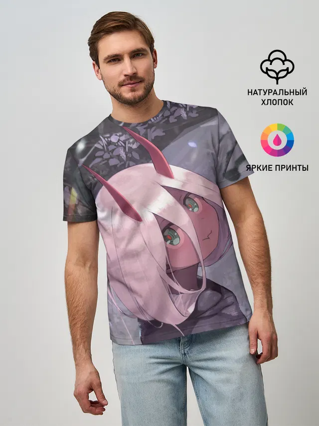Мужская базовая футболка с принтом «Darling in the FranXX — Ноль два арт серый»