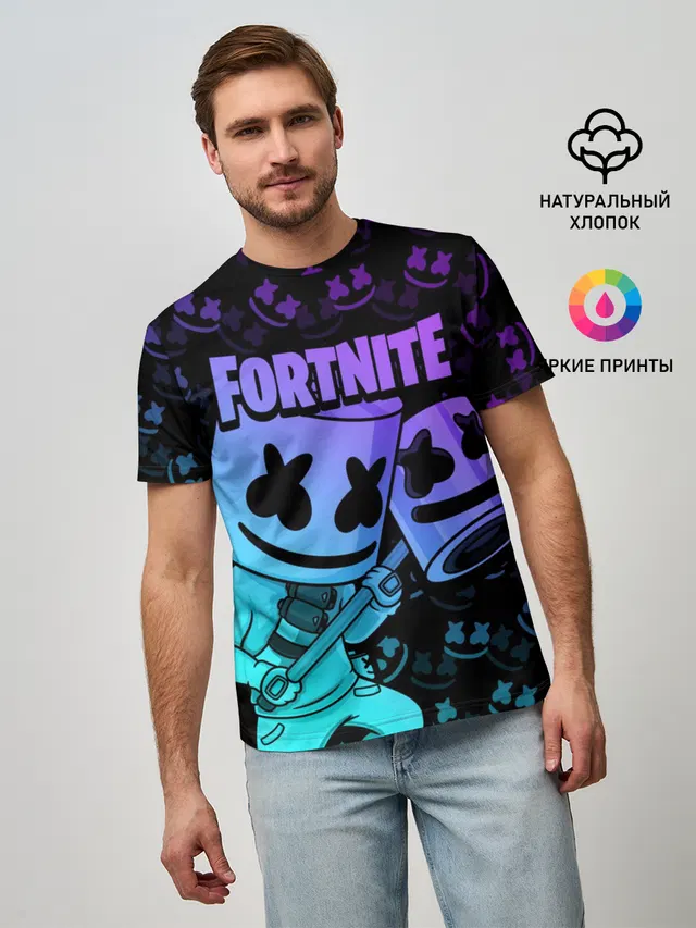 Мужская базовая футболка с принтом «Фортнайт — FORTNITE MARSHMELLO»