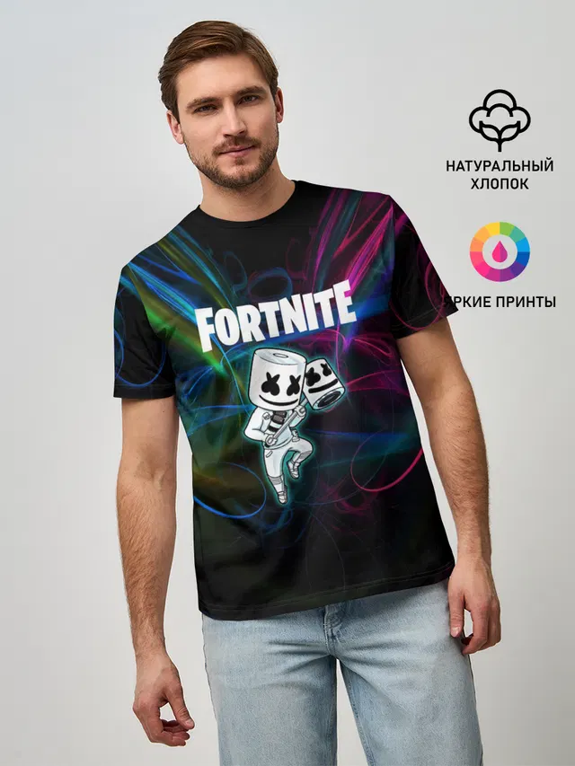 Мужская базовая футболка с принтом «Фортнайт — Fortnite x Marshmallow.»