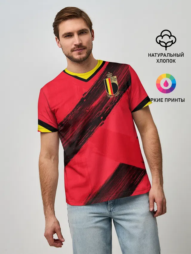 Мужская базовая футболка с принтом «Сборная Бельгии — Belgium home EURO 2020»