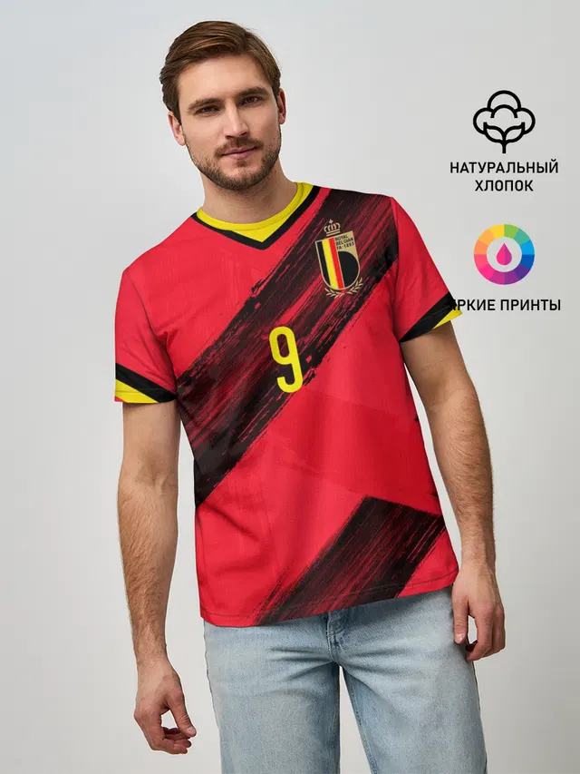 Мужская базовая футболка с принтом «Сборная Бельгии — Lukaku home EURO 2020»