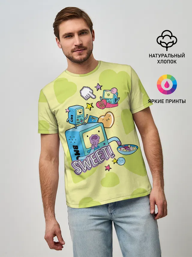 Мужская базовая футболка с принтом «Время приключений — Sweet BMOs»