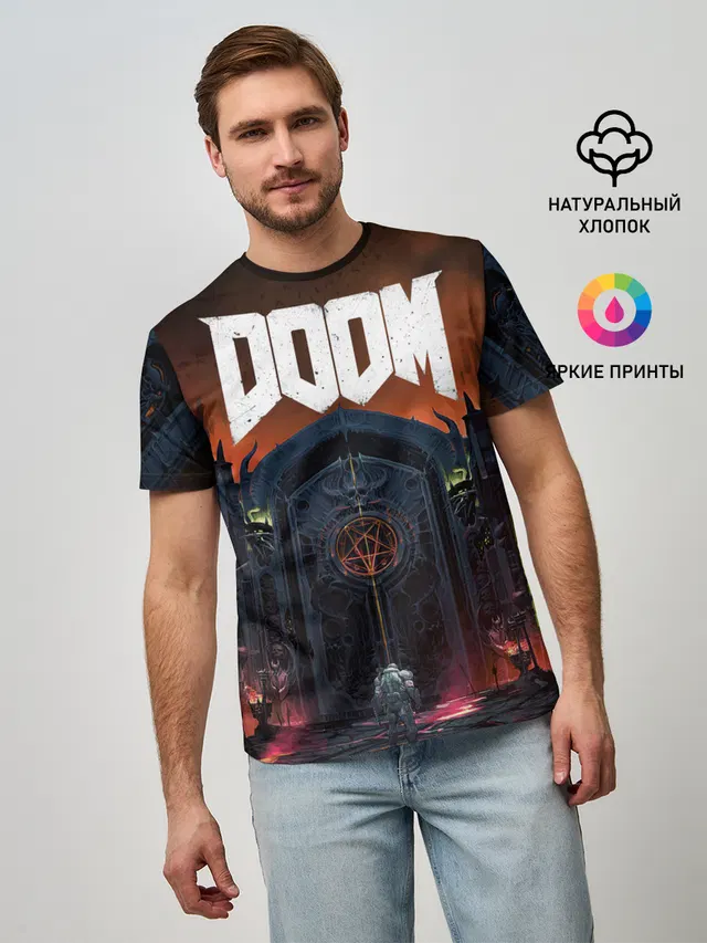 Мужская базовая футболка с принтом «Дум — DOOM - Hellgate»
