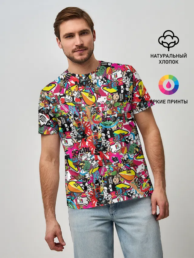 Мужская базовая футболка с принтом «Pop Art — Стикеры»
