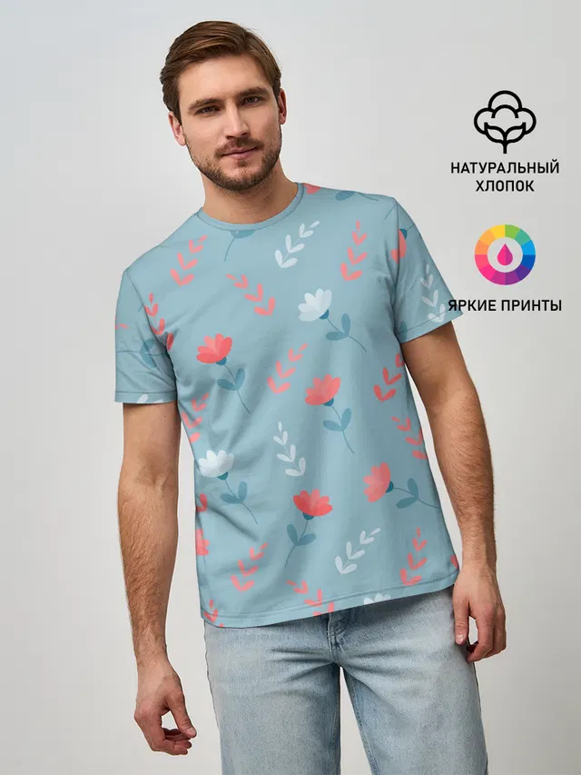 Цветочки и листики на голубом