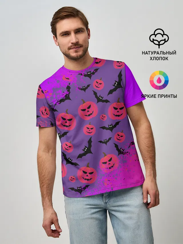 Мужская базовая футболка с принтом «Хэллоуин — HALLOWEEN NEON»
