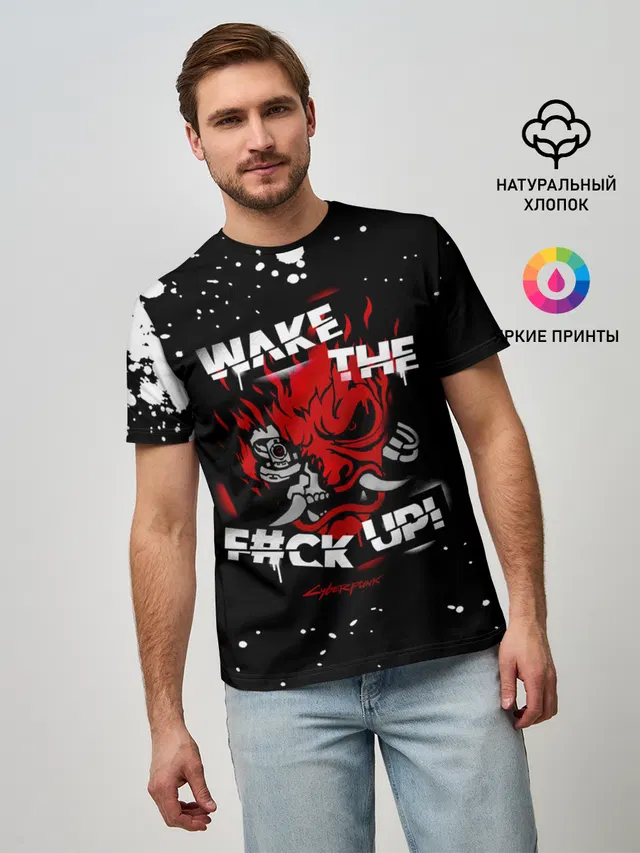 Мужская базовая футболка с принтом «Cyberpunk 2077 — WAKE THE F#CK UP!»