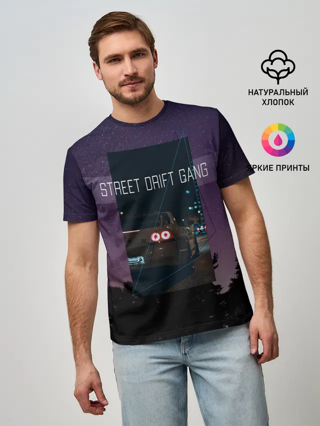 Мужская базовая футболка с принтом «Street Drift Gang Дрифт»
