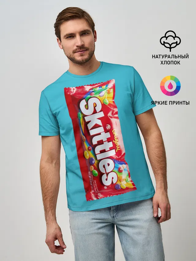 Мужская базовая футболка с принтом «Еда — Skittles original»