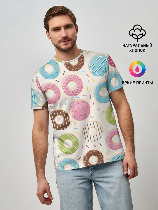 Мужская базовая футболка с принтом «Еда — Пончики — Donuts»