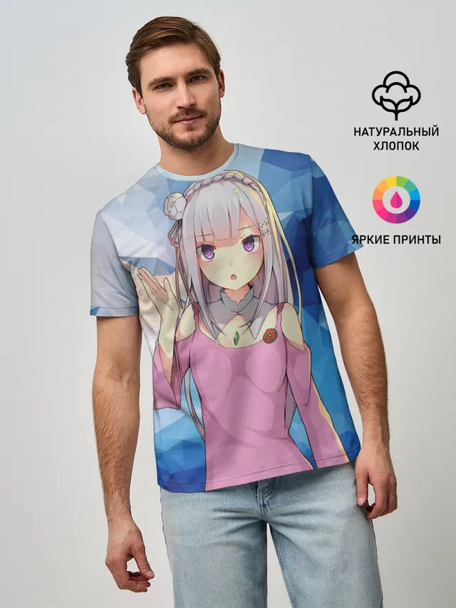 Мужская базовая футболка с принтом «Re:Zero. Жизнь с нуля в альтернативном мире — Emilia&Rem»