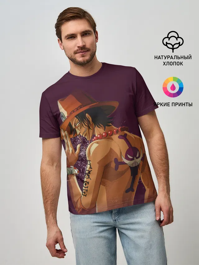 Мужская базовая футболка с принтом «Ван Пис — One Piece. Портгас Д. Эйс»