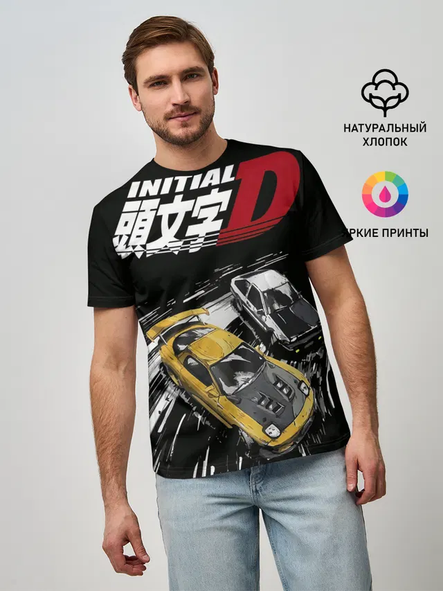 Мужская базовая футболка с принтом «Initial D две машины»