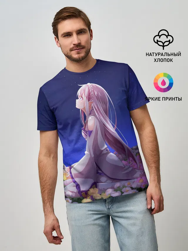 Мужская базовая футболка с принтом «Re:Zero. Жизнь с нуля в альтернативном мире — Sweet dreams of Emilia»