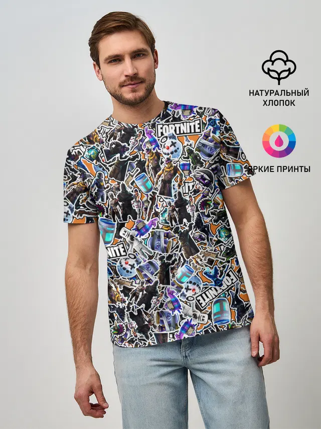 Мужская базовая футболка с принтом «Фортнайт — Fortnite Sticker Bombing»