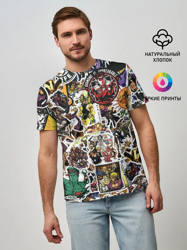 Мужская базовая футболка с принтом «ДжоДжо — JoJo’s Sticker Bombing»
