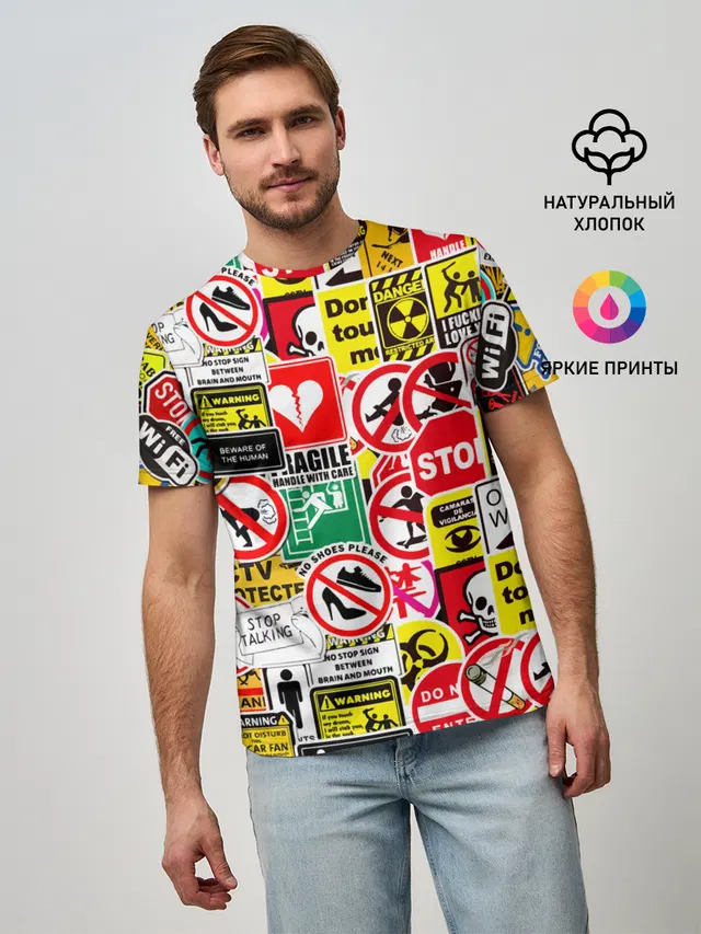 Мужская базовая футболка с принтом «sticker bombing — Запрещающие знаки»