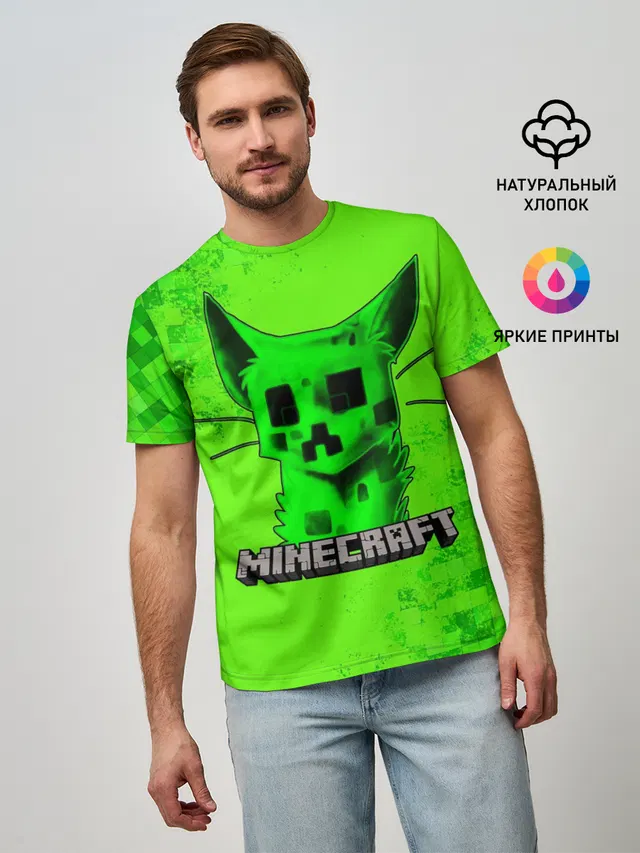 Мужская базовая футболка с принтом «Майнкрафт — MINECRAFT CREEPER CAT»