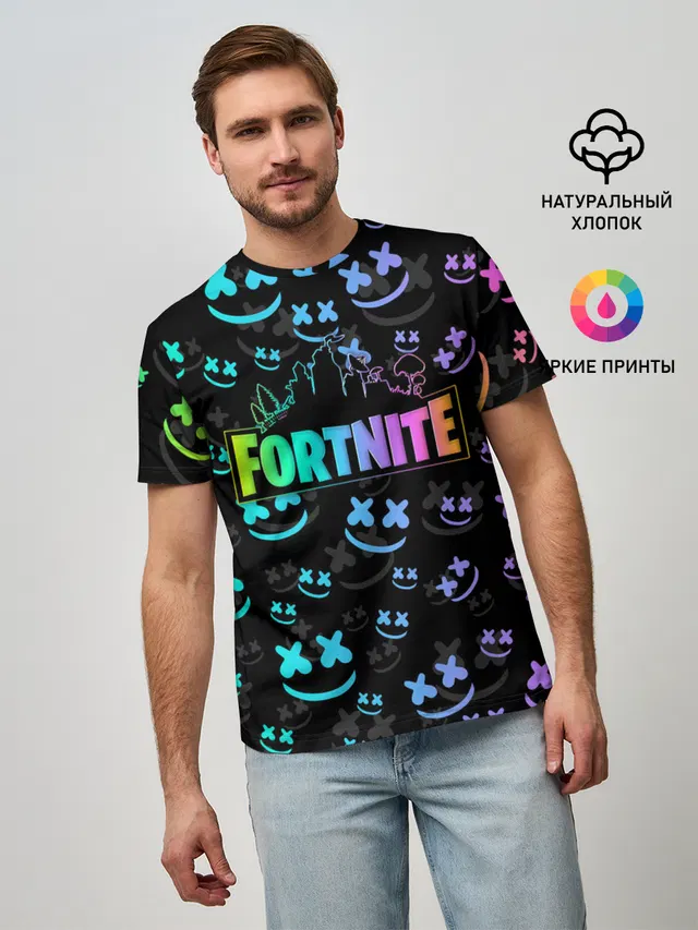 Мужская базовая футболка с принтом «Королевская битва — FORTNITE — MARSHMELLO»