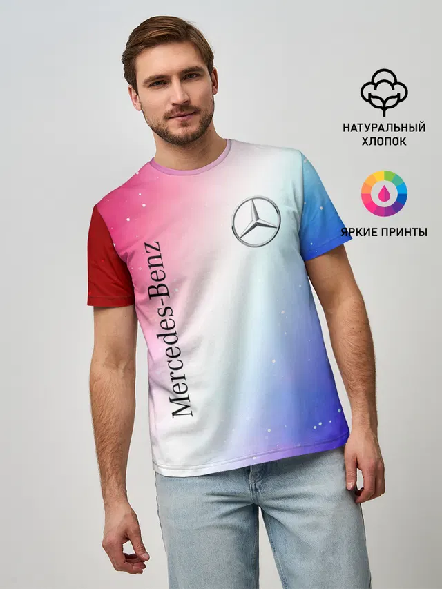 Мужская базовая футболка с принтом «Star emblem — MERCEDES — МЕРСЕДЕС»