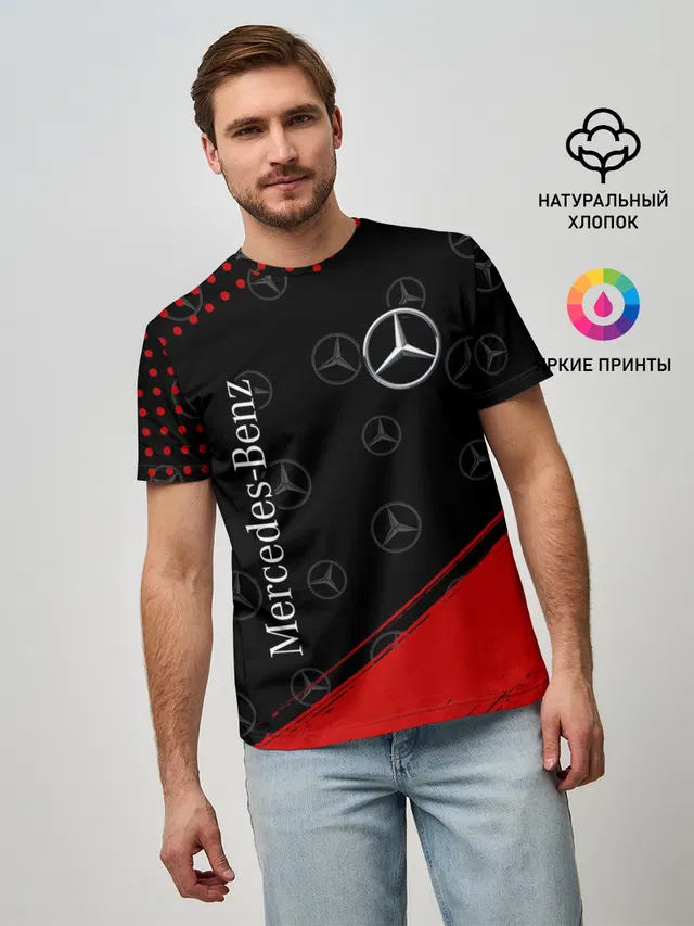 Мужская базовая футболка с принтом «Logo — MERCEDES — МЕРСЕДЕС»