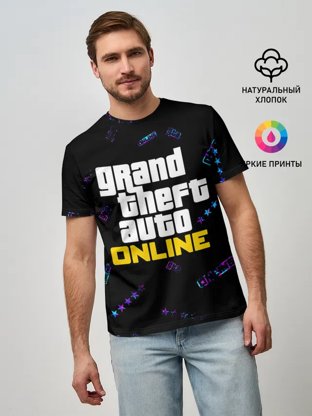 Мужская базовая футболка с принтом «GTA — GTA ONLINE — ГТА ОНЛАЙН»