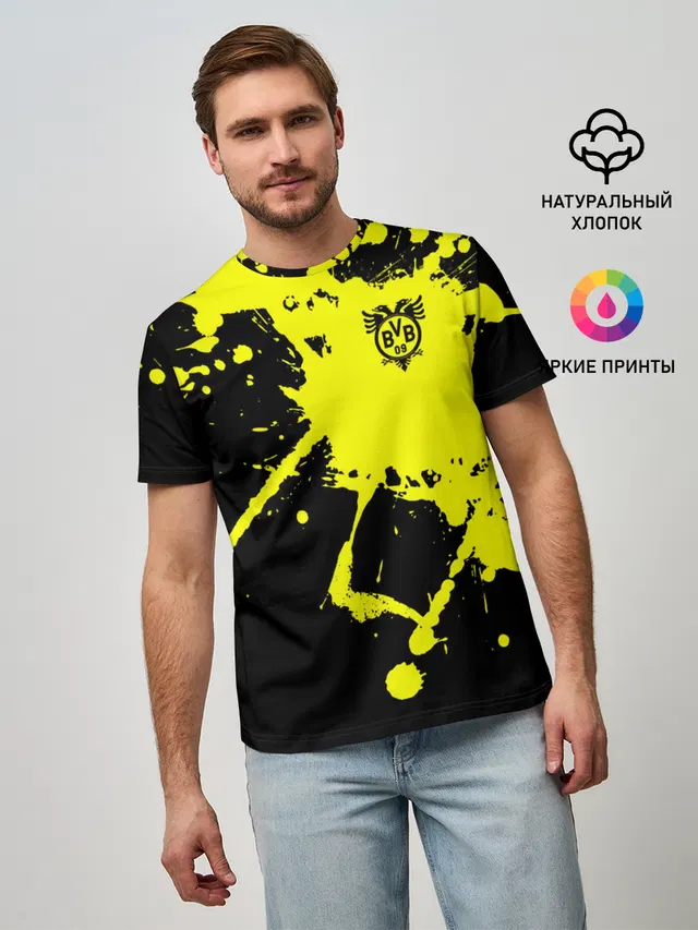 Мужская базовая футболка с принтом «Paint splatter — FC Borussia»