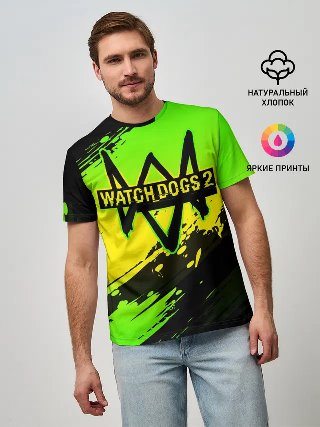 Мужская базовая футболка с принтом «Glitch art — WATCH DOGS»