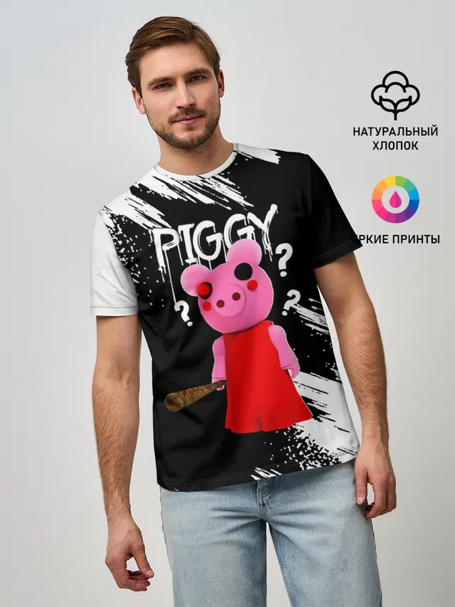 Мужская базовая футболка с принтом «Роблокс — ROBLOX PIGGY - СВИНКА ПИГГИ»
