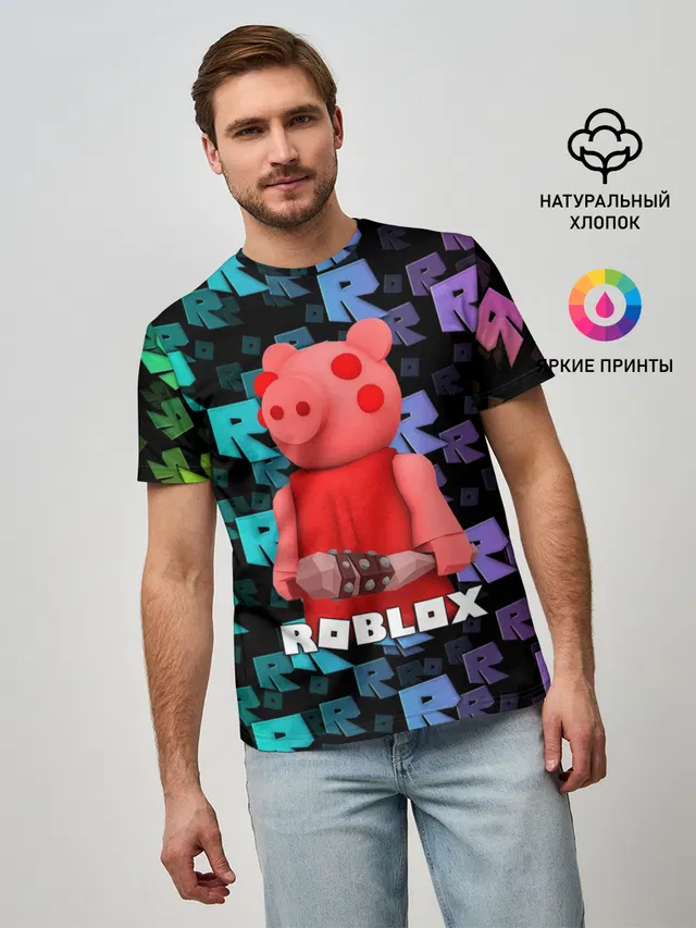 Мужская базовая футболка с принтом «Роблокс — ROBLOX PIGGY - СВИНКА ПИГГИ»